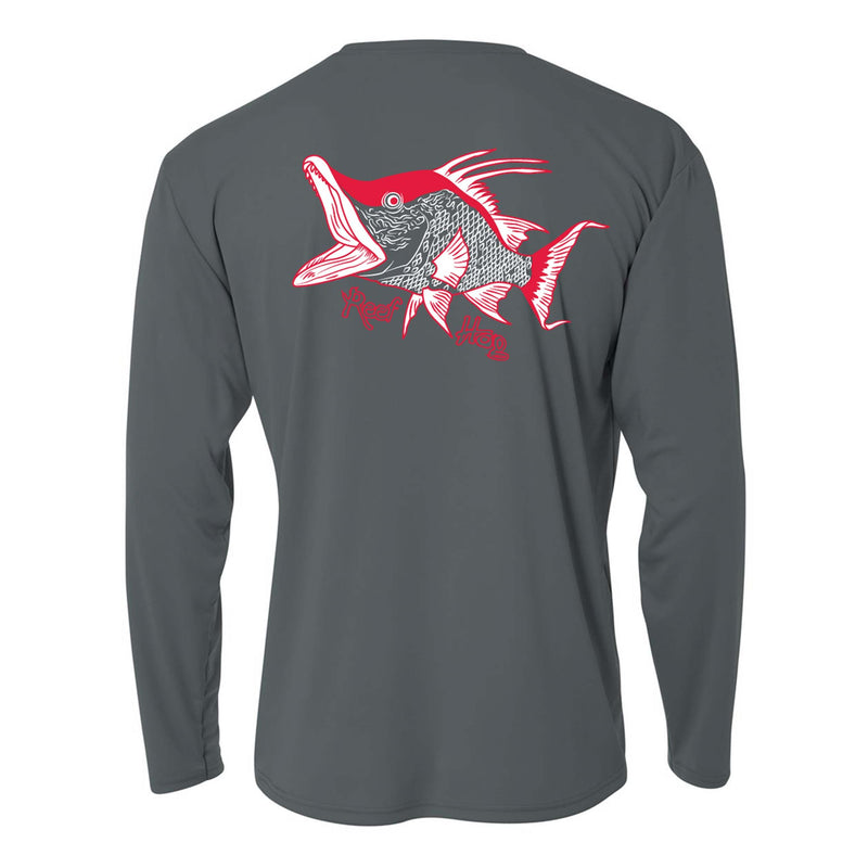 Kids charcoal long sleeve performance shirt with Hogfish "Reef Hog" design