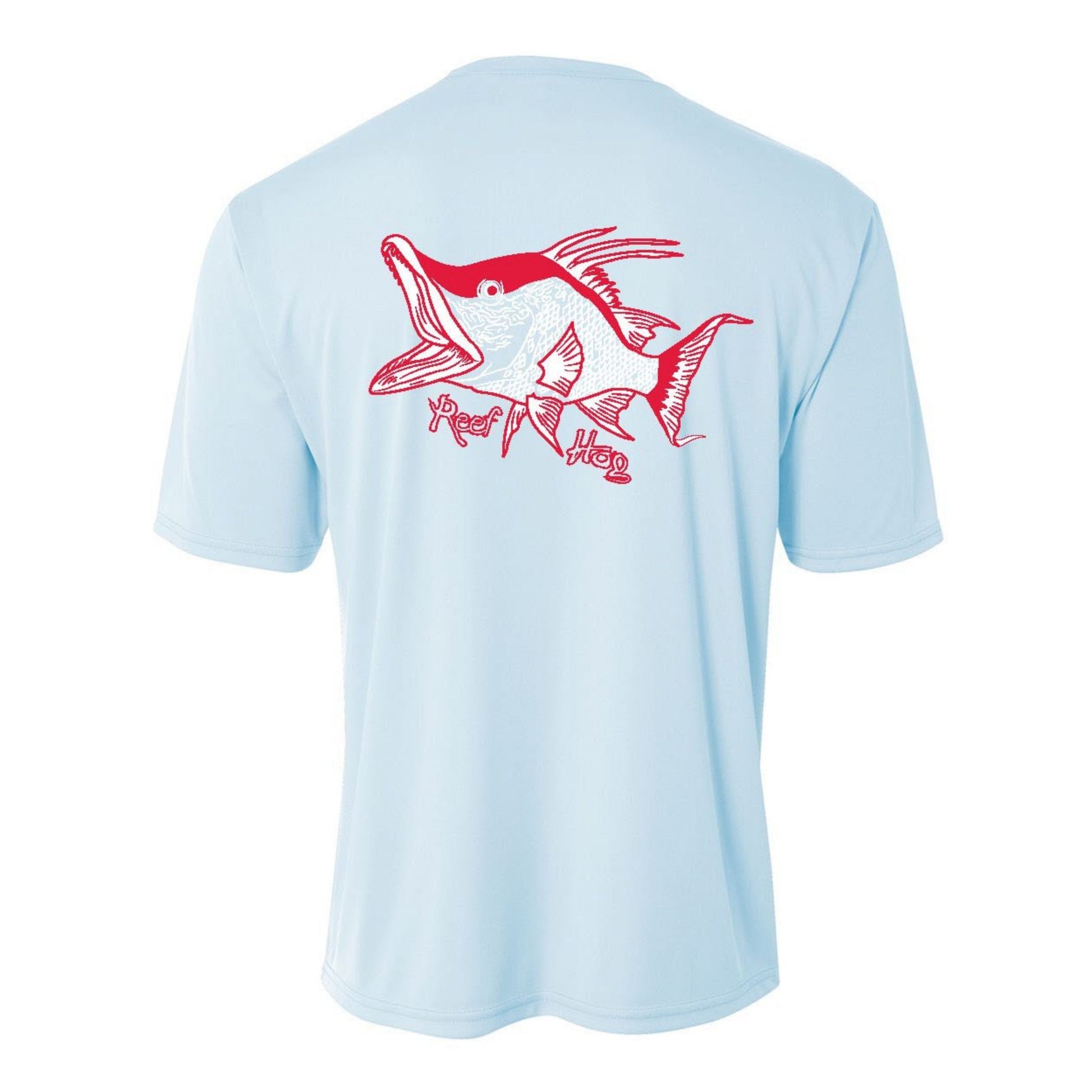 Youth light blue performance short sleeve shirt with hogfish design on back, Reel Fishy spearfishing logo on front.
