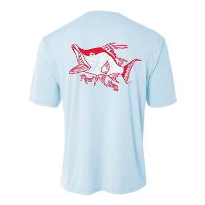 Youth light blue performance short sleeve shirt with hogfish design on back, Reel Fishy spearfishing logo on front.