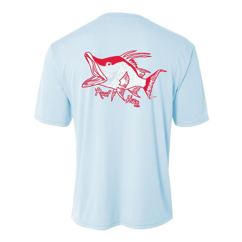 Youth light blue performance short sleeve shirt with hogfish design on back, Reel Fishy spearfishing logo on front.