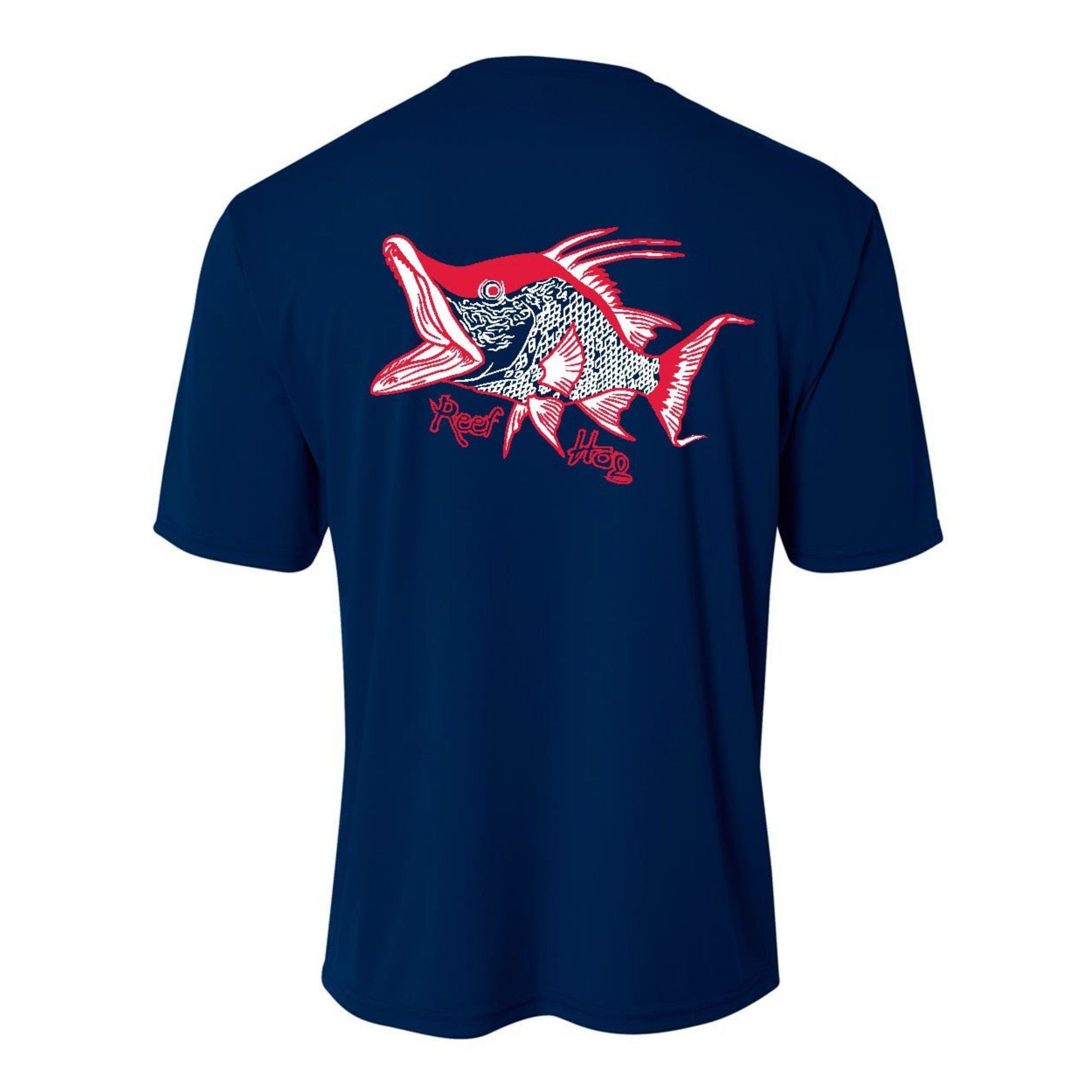 Youth navy performance short sleeve shirt with hogfish design on back, Reel Fishy spearfishing logo on front.