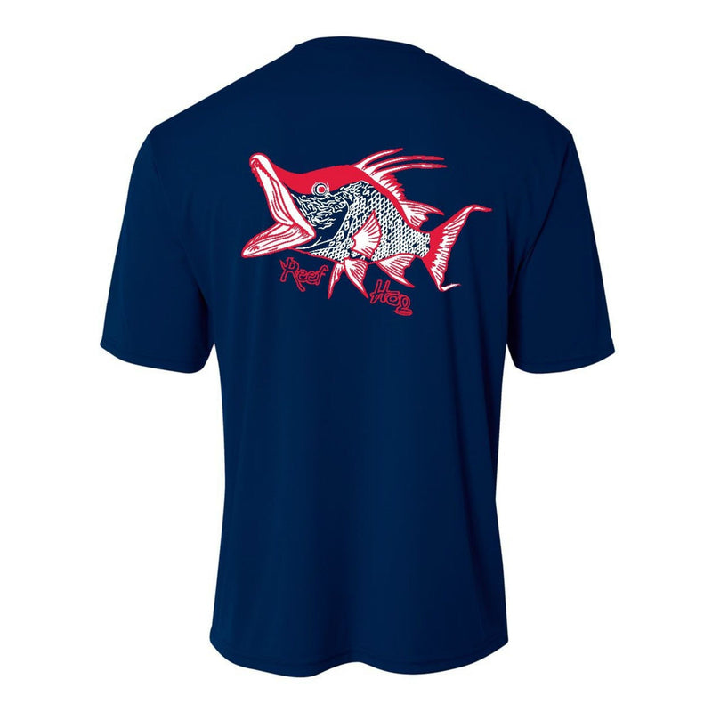 Youth navy performance short sleeve shirt with hogfish design on back, Reel Fishy spearfishing logo on front.