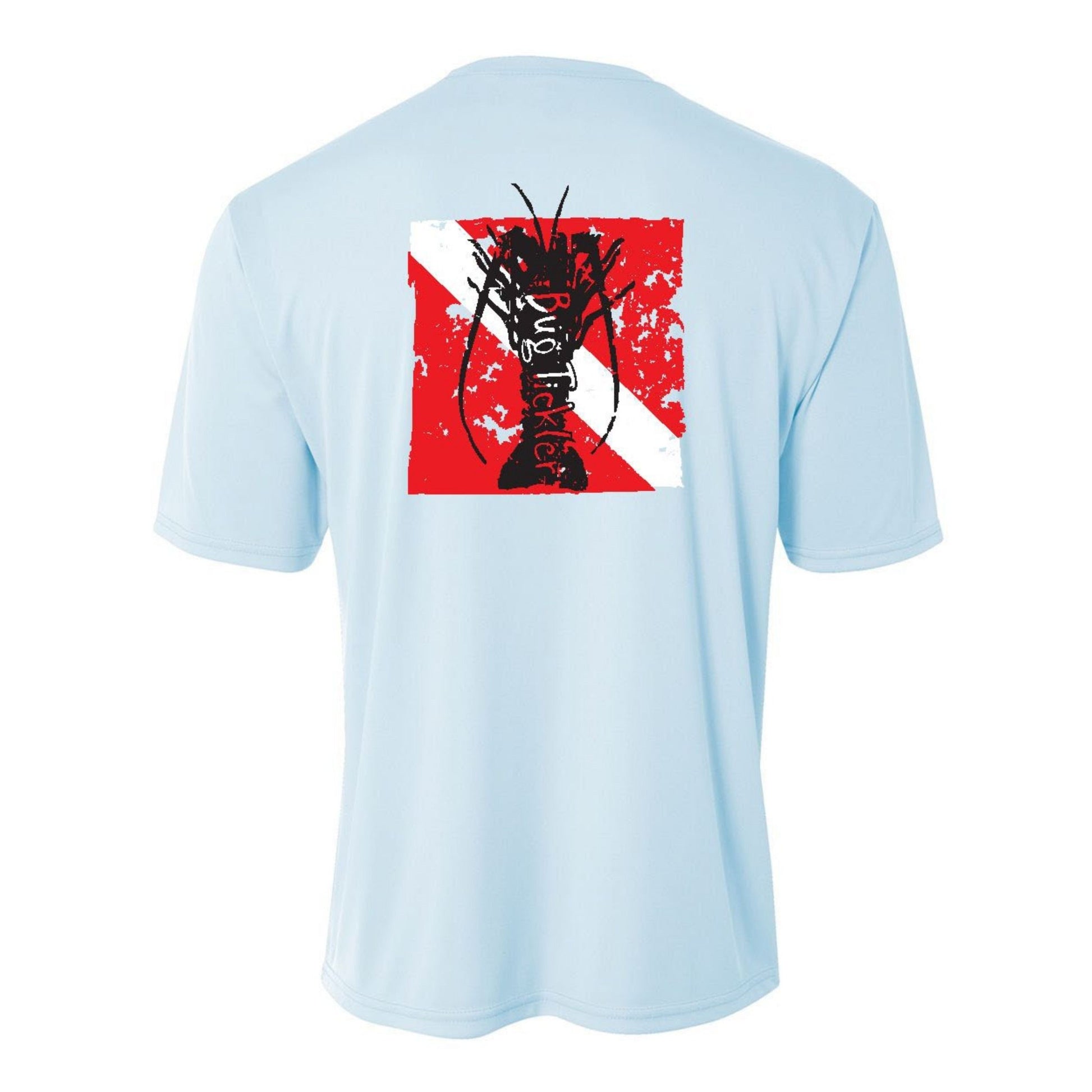 Youth light blue performance short sleeve shirt with lobster in dive flag design on back, Reel Fishy tarpon on front.