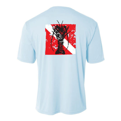 Youth light blue performance short sleeve shirt with lobster in dive flag design on back, Reel Fishy tarpon on front.