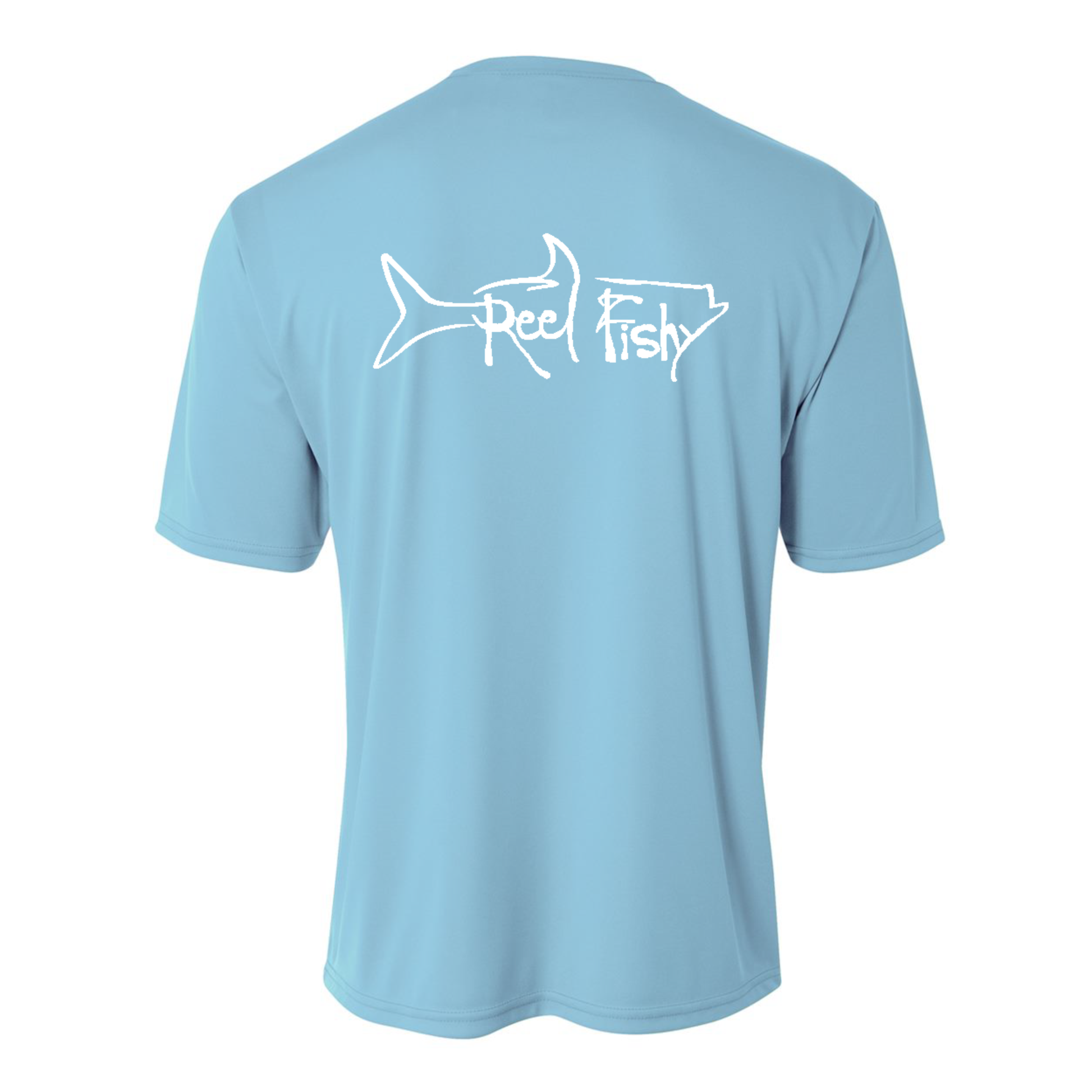 Kids’ short sleeve Carolina Blue performance shirt featuring Reel Fishy Tarpon design on the back.