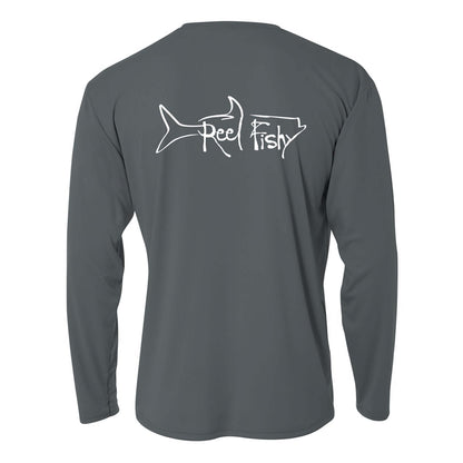 Kids’ long sleeve charcoal performance shirt featuring Reel Fishy Tarpon design on the back.