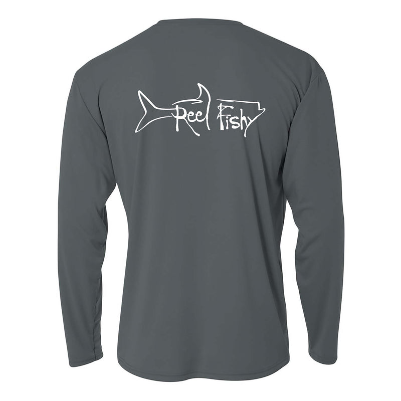 Kids’ long sleeve charcoal performance shirt featuring Reel Fishy Tarpon design on the back.