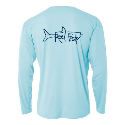 Kids’ long sleeve light blue performance shirt featuring Reel Fishy Tarpon design on the back.