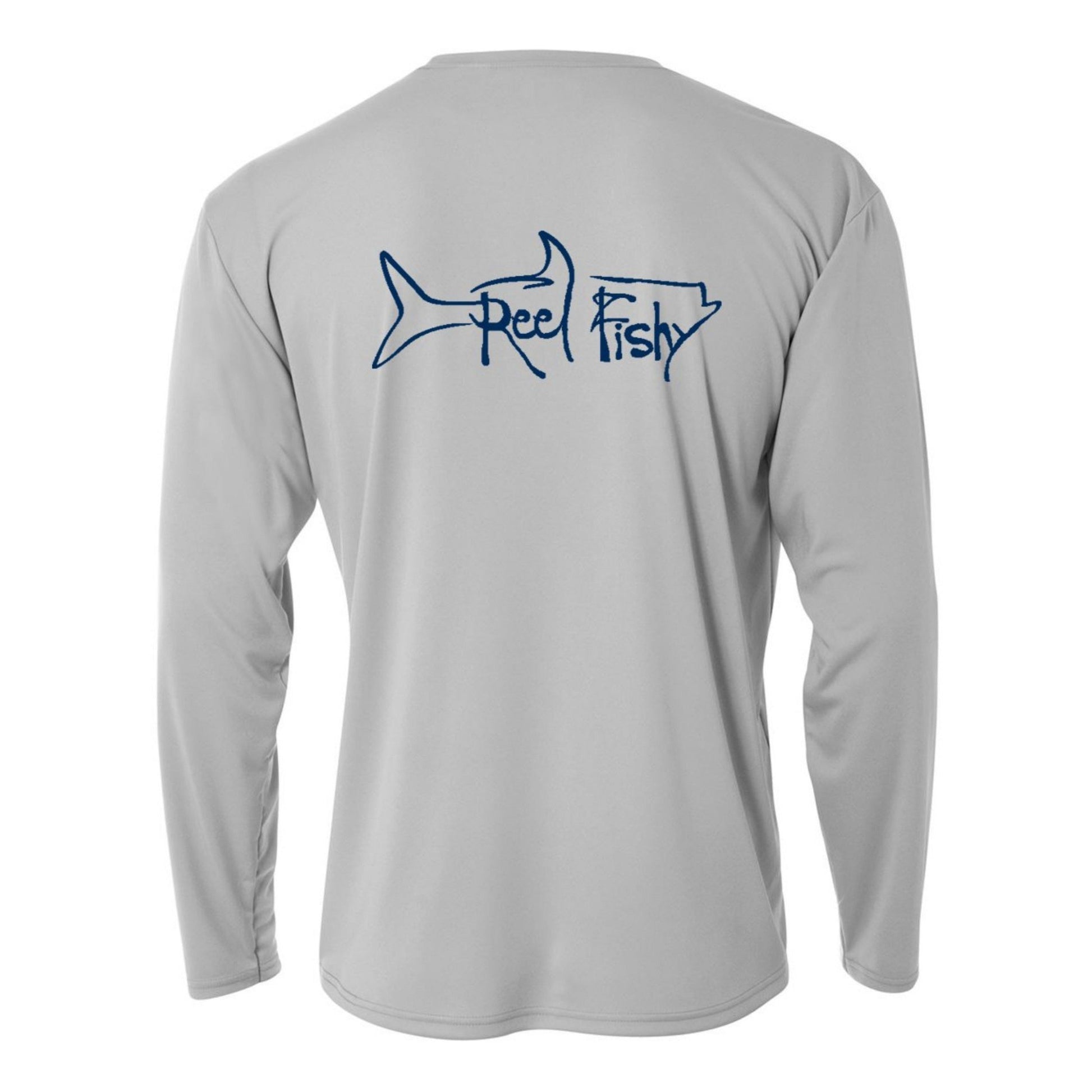 Kids’ long sleeve light gray performance shirt featuring Reel Fishy Tarpon design on the back.