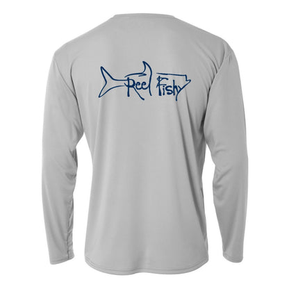 Kids’ long sleeve light gray performance shirt featuring Reel Fishy Tarpon design on the back.