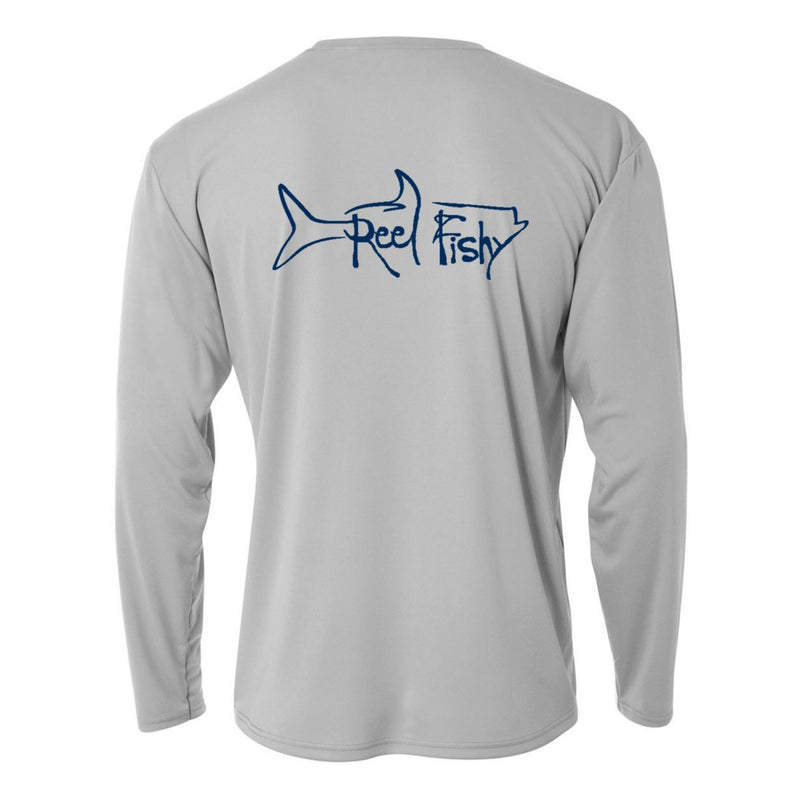 Kids’ long sleeve light gray performance shirt featuring Reel Fishy Tarpon design on the back.