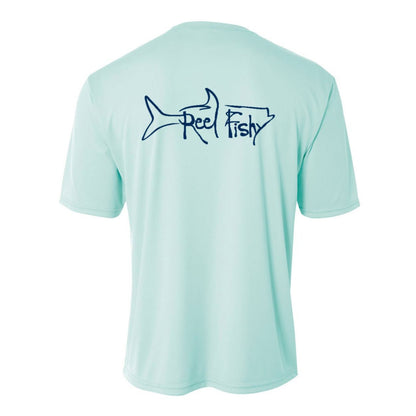Kids’ short sleeve mint green performance shirt featuring Reel Fishy Tarpon design on the back.