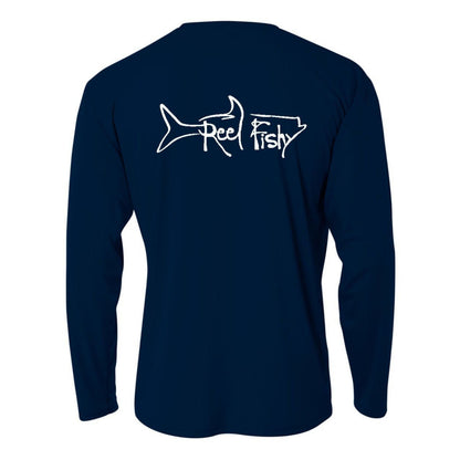 Kids’ long sleeve navy performance shirt featuring Reel Fishy Tarpon design on the back.