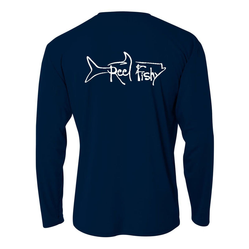 Kids’ long sleeve navy performance shirt featuring Reel Fishy Tarpon design on the back.