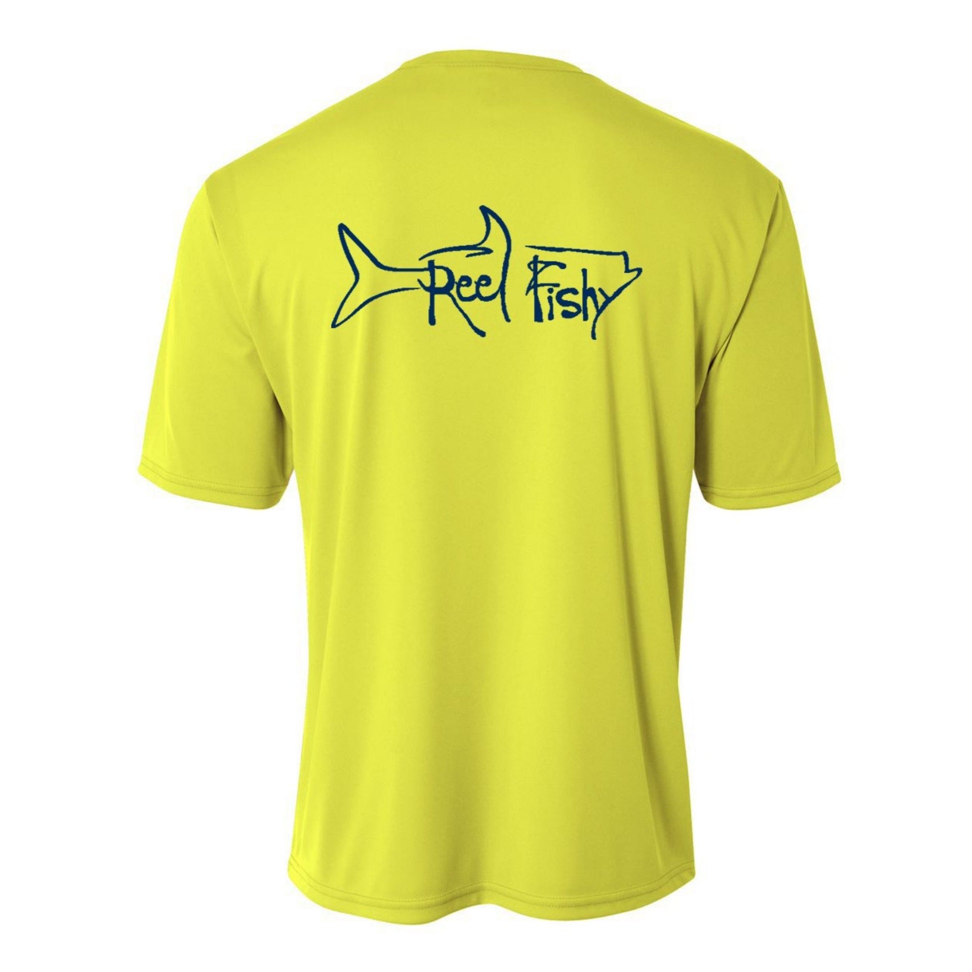 Kids’ short sleeve neon yellow performance shirt featuring Reel Fishy Tarpon design on the back.