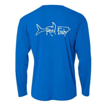 Kids’ long sleeve royal blue performance shirt featuring Reel Fishy Tarpon design on the back.