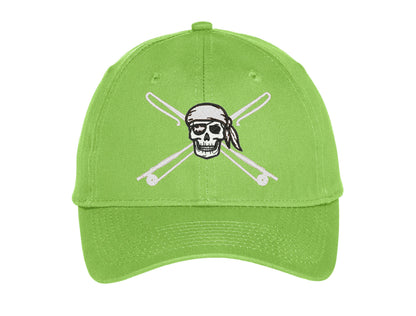 Kids fishing hat in lime green with Reel Fishy Apparel Skull & Fishing Rods logo
