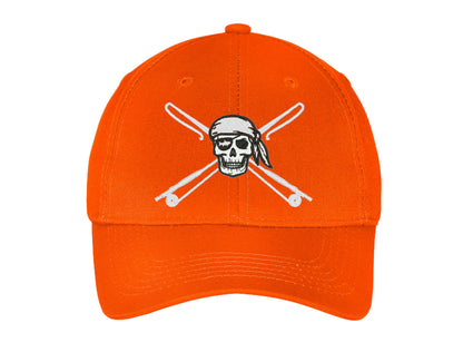 Kids fishing hat in orange with Reel Fishy Apparel Skull & Fishing Rods logo
