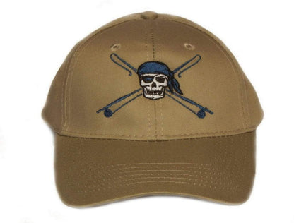 Kids fishing hat in khaki with Reel Fishy Apparel Skull & Fishing Rods logo

