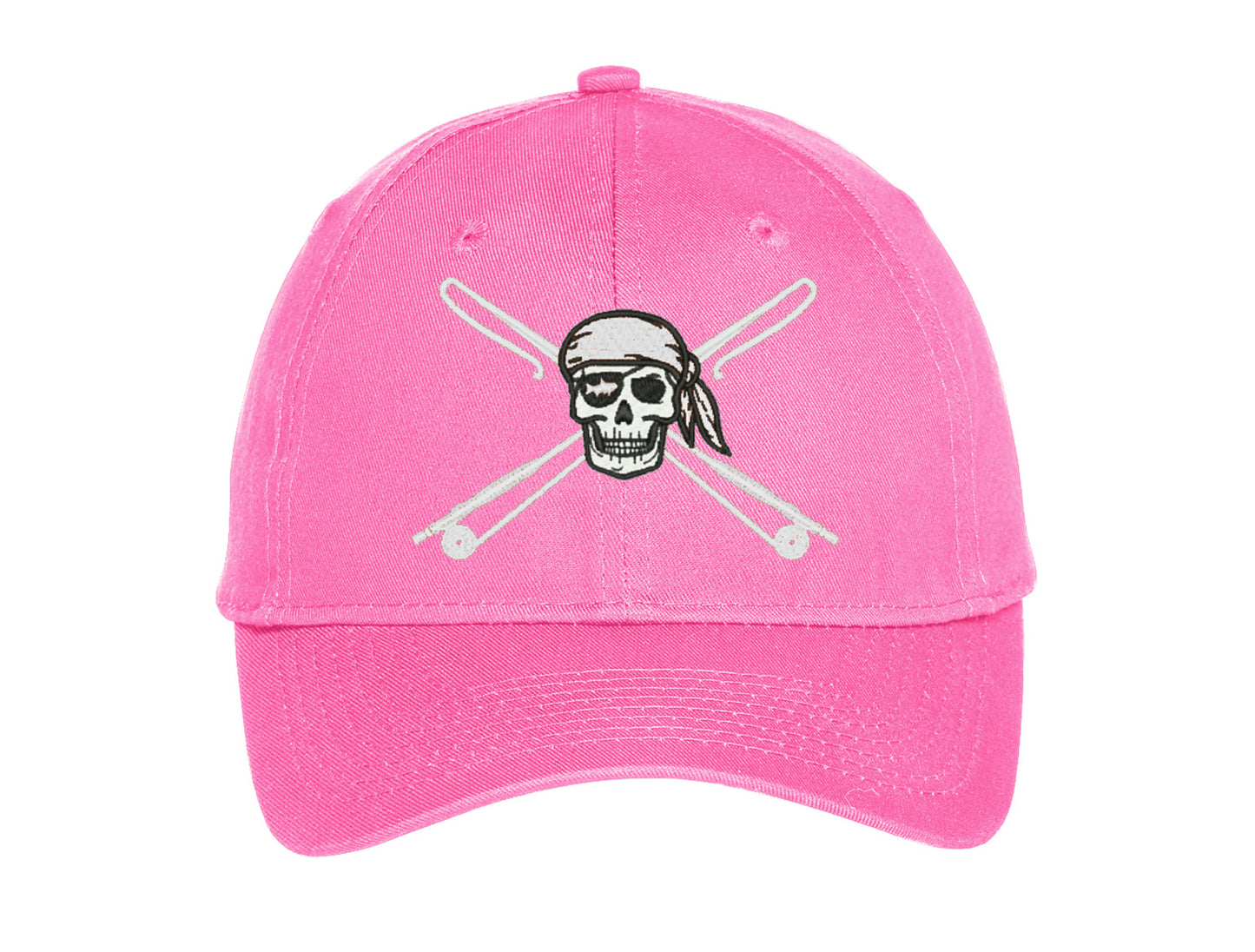 Kids fishing hat in pink with Reel Fishy Apparel Skull & Fishing Rods logo


