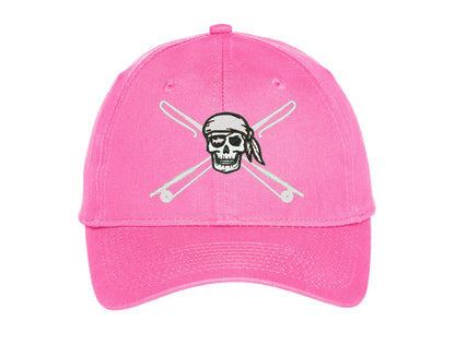 Kids fishing hat in pink with Reel Fishy Apparel Skull & Fishing Rods logo

