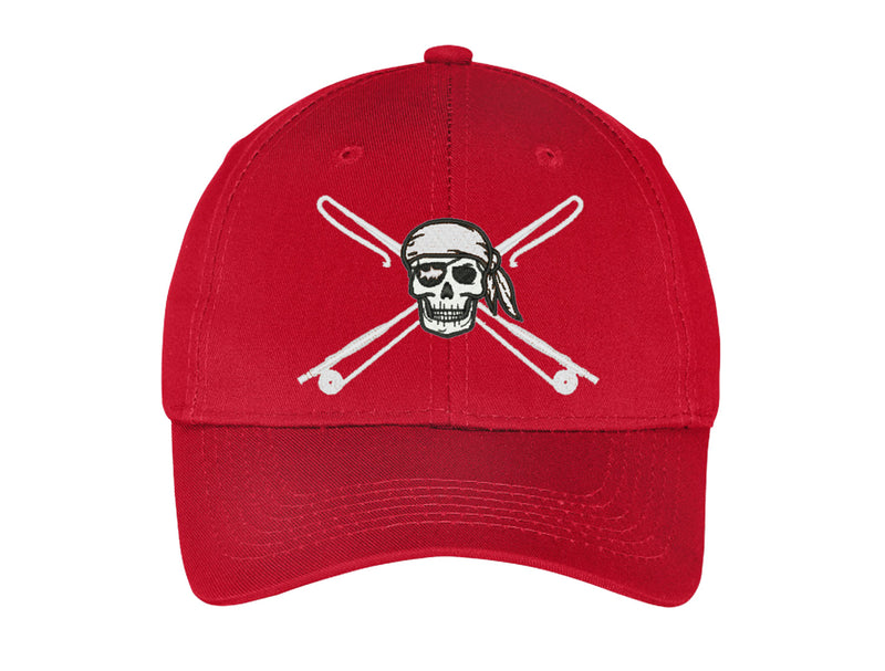 Kids fishing hat in red with Reel Fishy Apparel Skull & Fishing Rods logo
