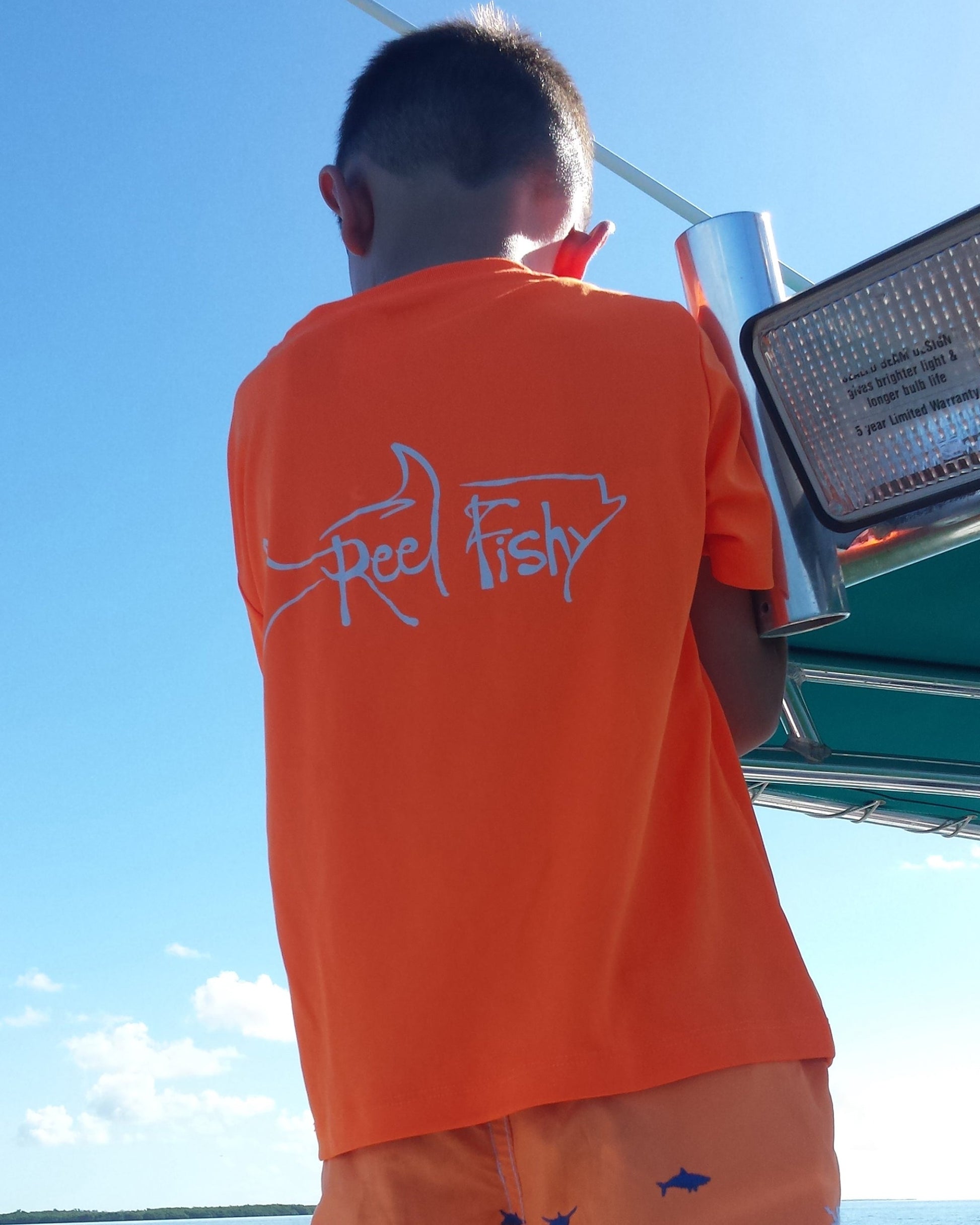Youth Performance Dry-Fit Tarpon Fishing Shirts with Sun Protection by Reel Fishy Apparel - Short Sleeve Neon Orange