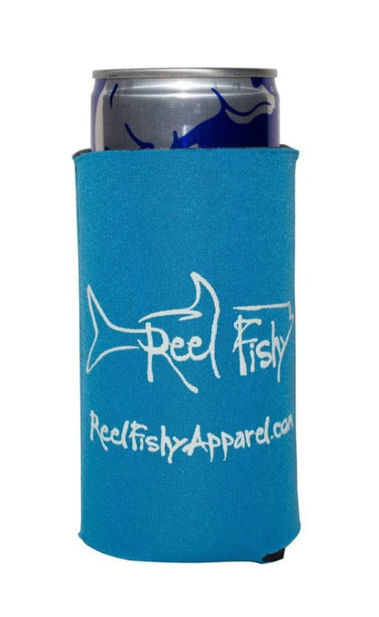 Slim Koozie - Reel Fishy Tarpon logo - Neon Blue