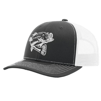 Bass Charcoal with White Mesh Trucker Hat on Richardson 112 by Reel Fishy Apparel