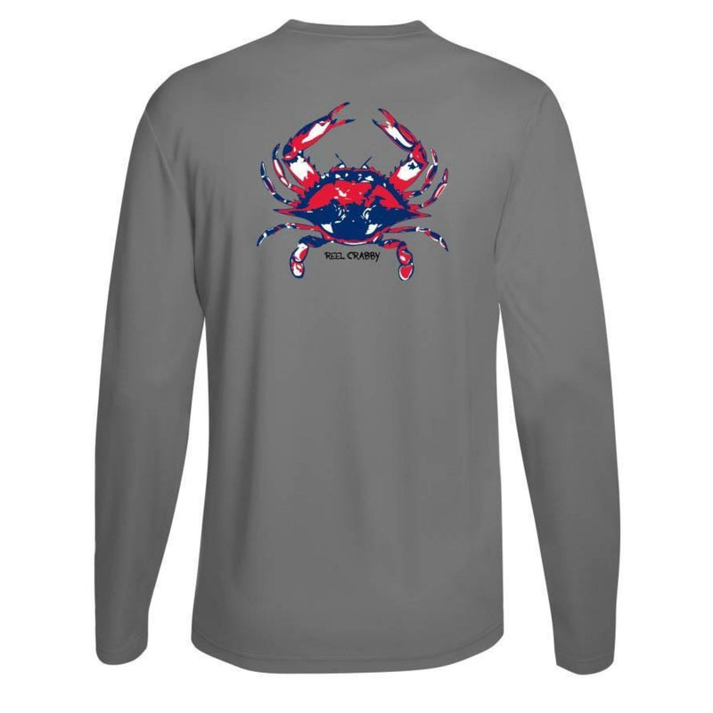 Gray long sleeve Reel Crabby performance shirt featuring blue crab design with 50+ UPF sun protection