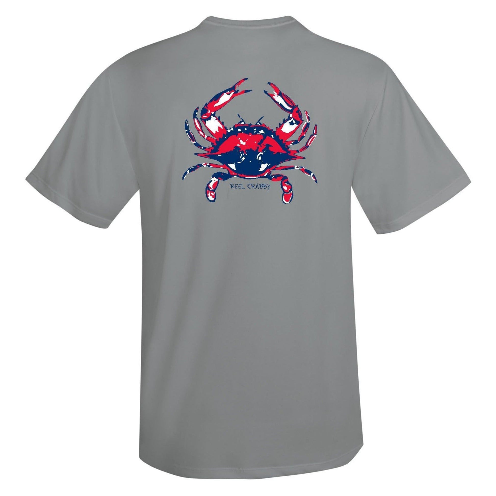 Gray short sleeve Reel Crabby performance shirt featuring blue crab design with 50+ UPF sun protection