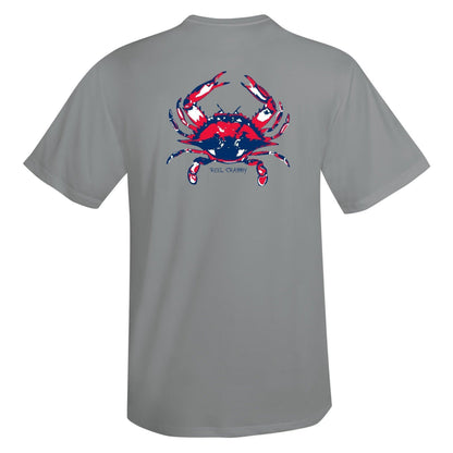 Gray short sleeve Reel Crabby performance shirt featuring blue crab design with 50+ UPF sun protection