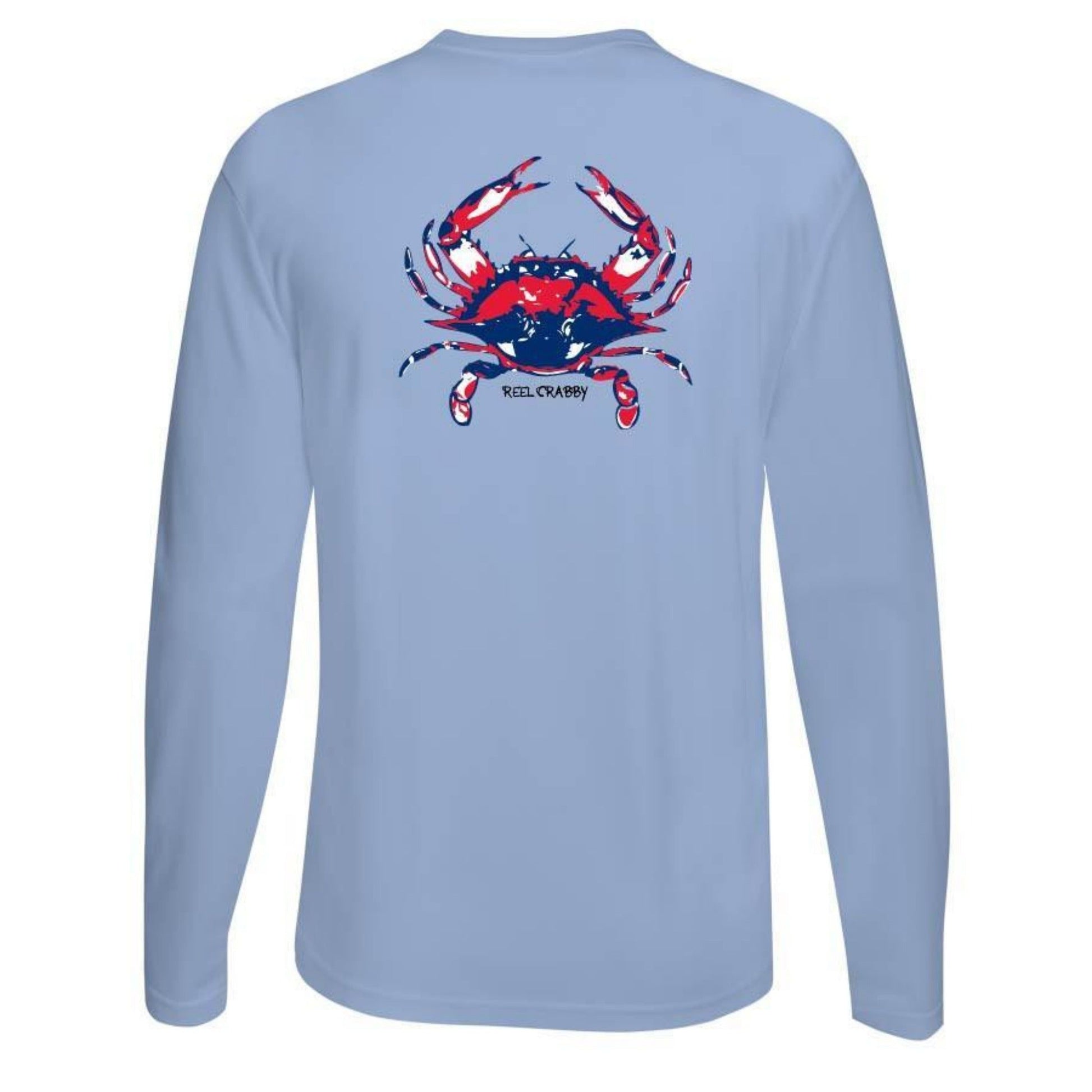 Light blue long sleeve Reel Crabby performance shirt featuring blue crab design with 50+ UPF sun protection