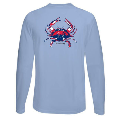 Light blue long sleeve Reel Crabby performance shirt featuring blue crab design with 50+ UPF sun protection