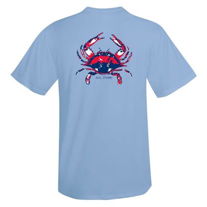 Light blue short sleeve Reel Crabby performance shirt featuring blue crab design with 50+ UPF sun protection