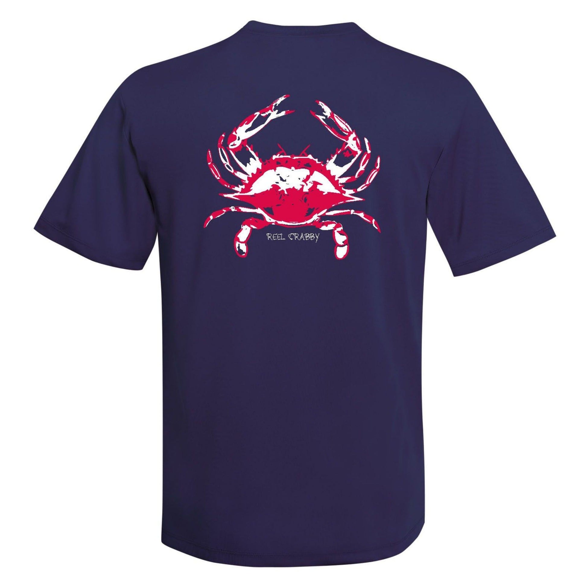 Navy short sleeve Reel Crabby performance shirt featuring blue crab design with 50+ UPF sun protection