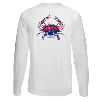 White long sleeve Reel Crabby performance shirt featuring blue crab design with 50+ UPF sun protection