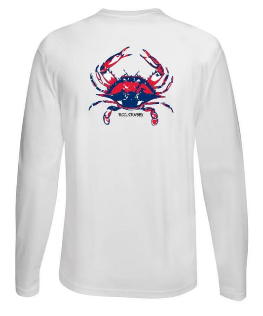 White long sleeve Reel Crabby performance shirt featuring blue crab design with 50+ UPF sun protection