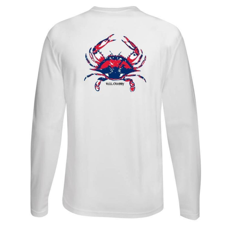 White long sleeve Reel Crabby performance shirt featuring blue crab design with 50+ UPF sun protection