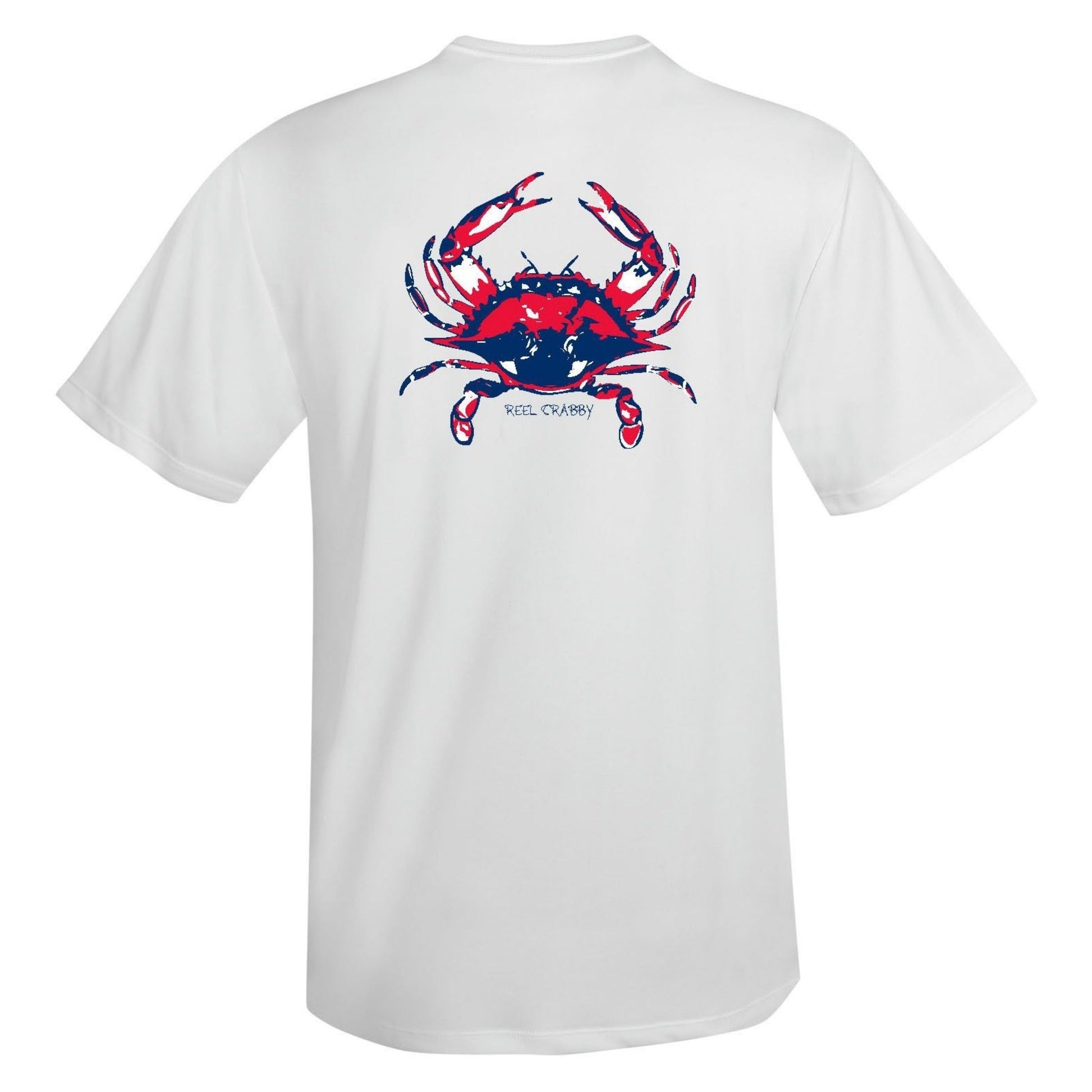 White short sleeve Reel Crabby performance shirt featuring blue crab design with 50+ UPF sun protection