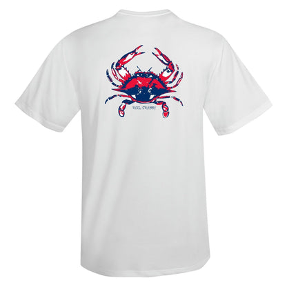 White short sleeve Reel Crabby performance shirt featuring blue crab design with 50+ UPF sun protection