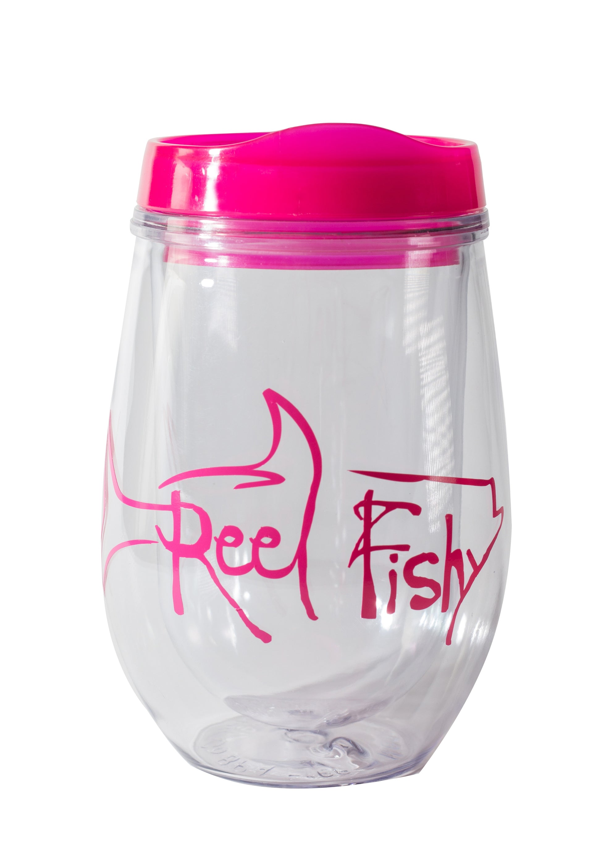 Bev2Go Acrylic Wine Insulated Stemless Tumbler - Pink Lid with Pink Reel Fishy Tarpon Logo