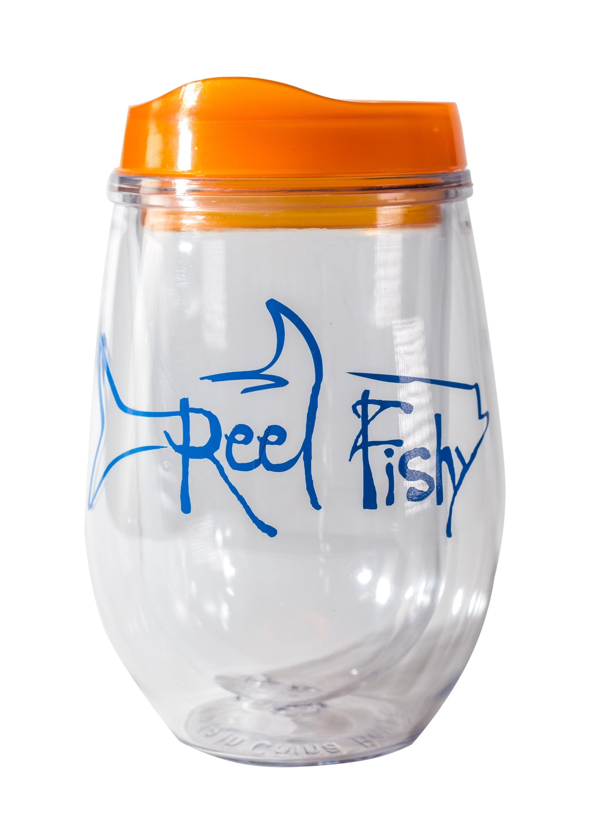 Bev2Go Acrylic Wine Insulated Stemless Tumbler - Orange Lid with Royal Blue Reel Fishy Tarpon Logo