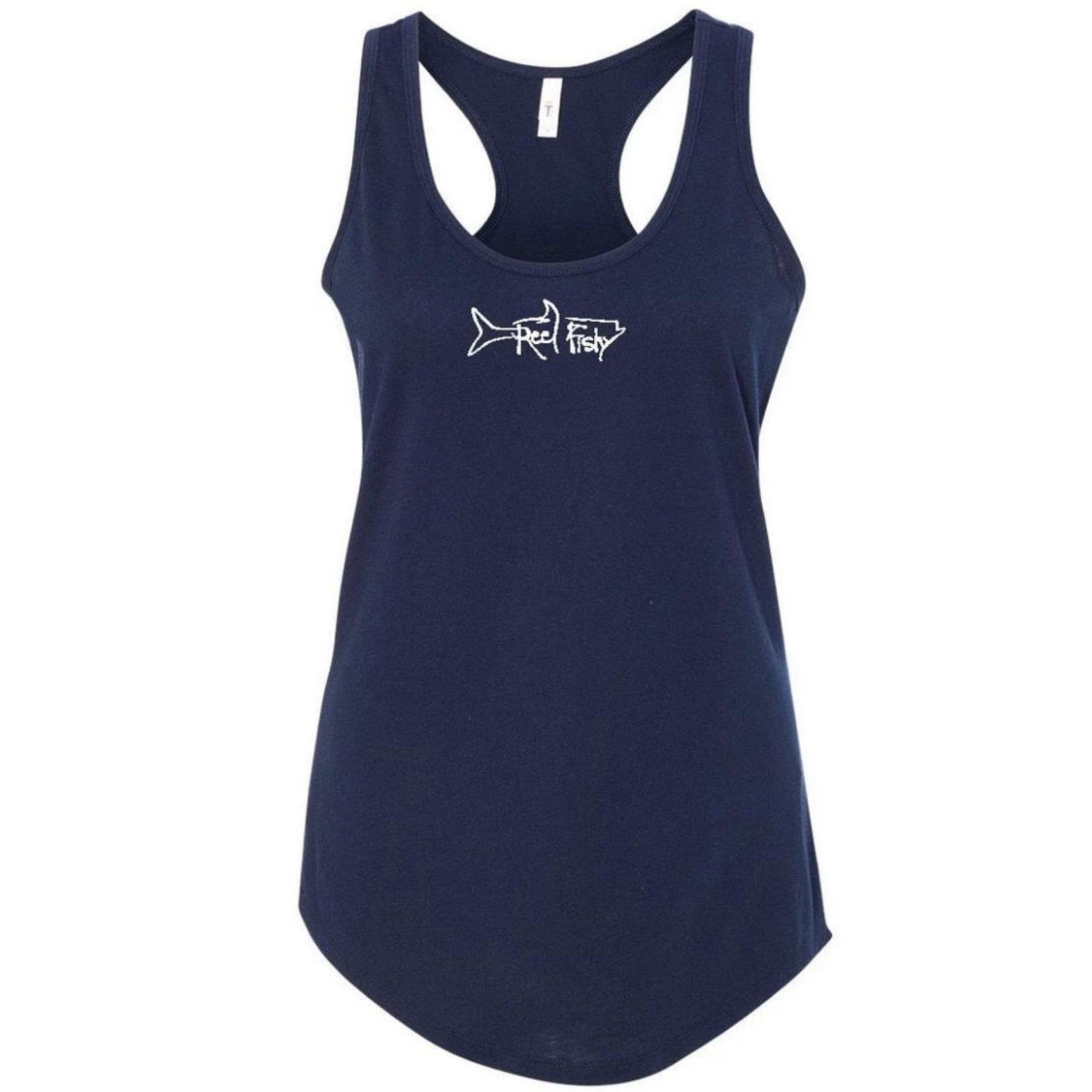 Ladies Blue Crab "Reel Crabby" Racerback Tank in Navy (front)
