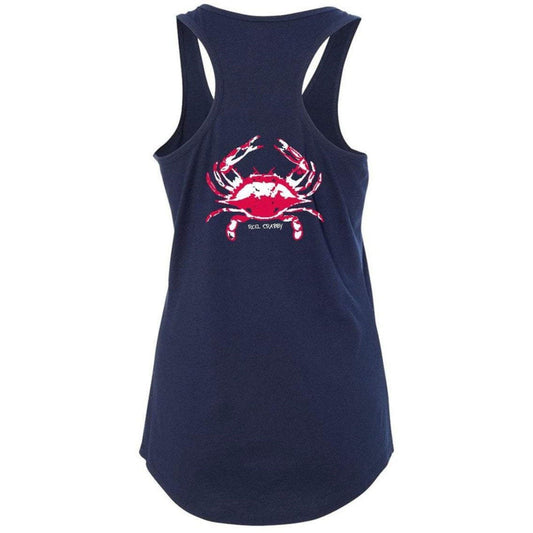 Ladies Blue Crab "Reel Crabby" Racerback Tank in Navy