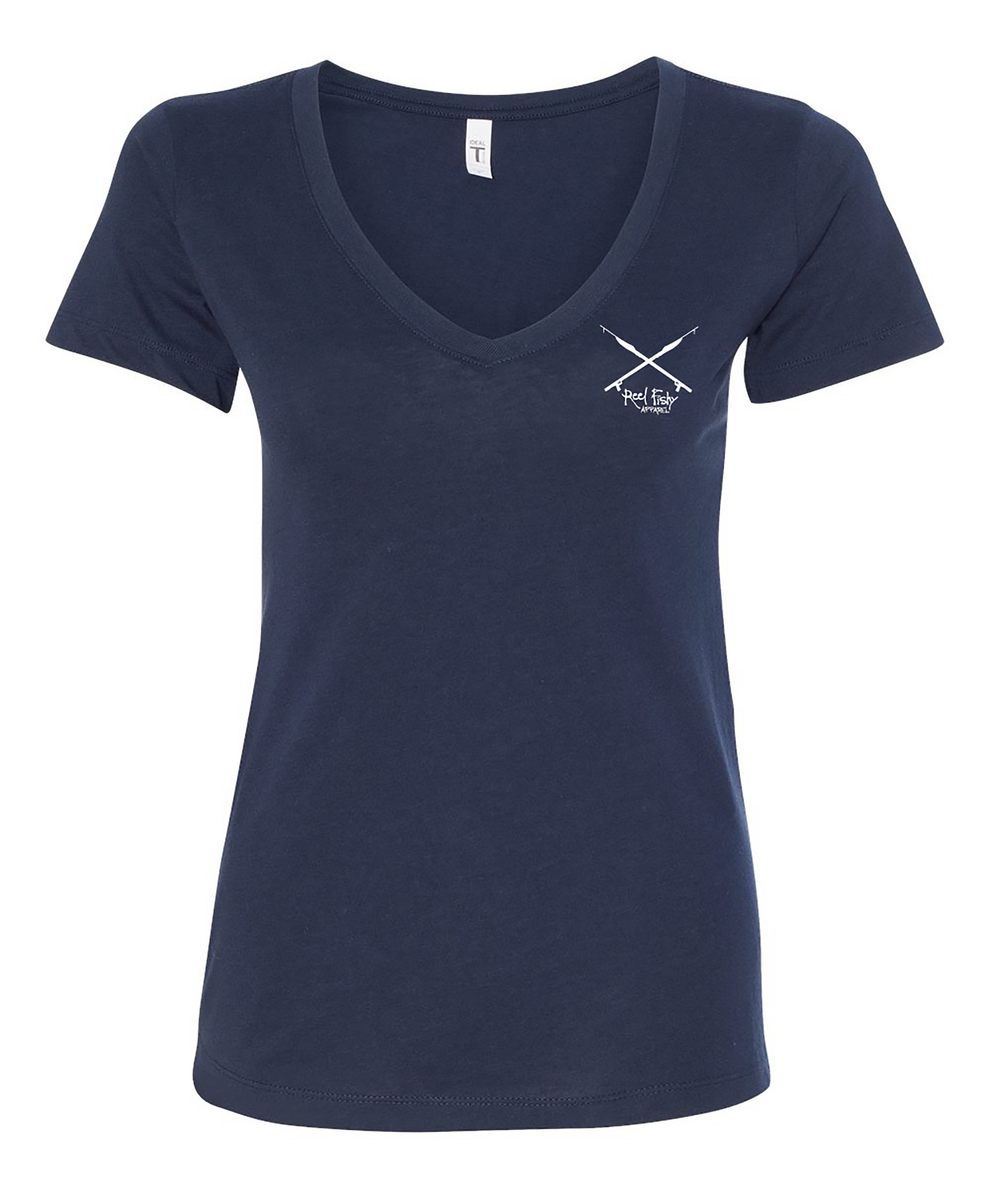 Ladies Lionfish Cotton V-neck t-shirt in Navy (front Reel Fishy Spear Rods logo)