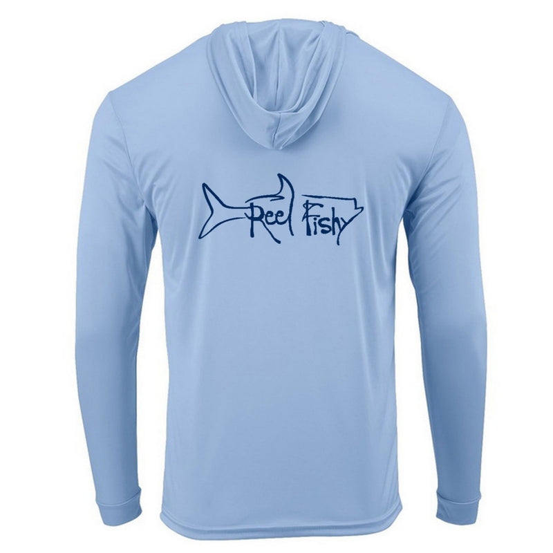 Blue Mist Reel Fishy Tarpon performance hoodie fishing shirt with long sleeves and 50+ UPF sun protection