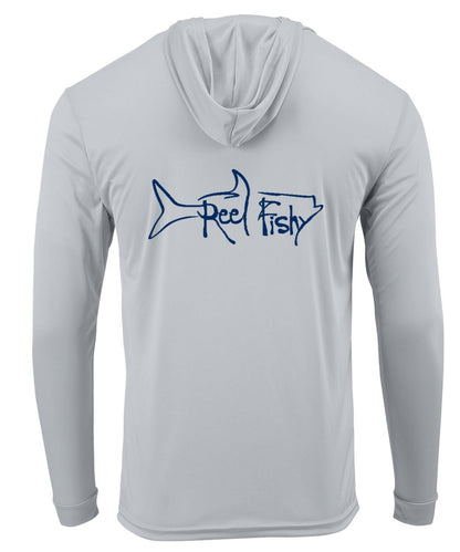 Light gray Reel Fishy Tarpon performance hoodie fishing shirt with long sleeves and 50+ UPF sun protection