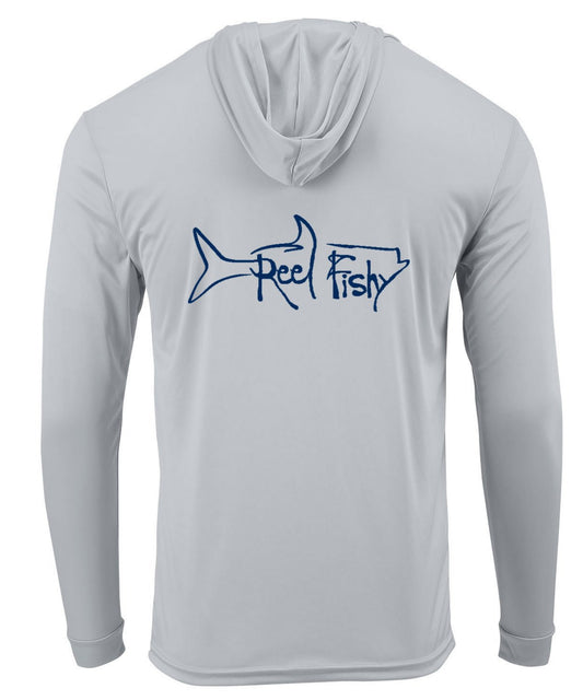 Light gray Reel Fishy Tarpon performance hoodie fishing shirt with long sleeves and 50+ UPF sun protection