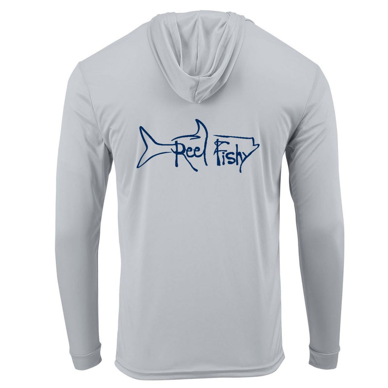 Light gray Reel Fishy Tarpon performance hoodie fishing shirt with long sleeves and 50+ UPF sun protection